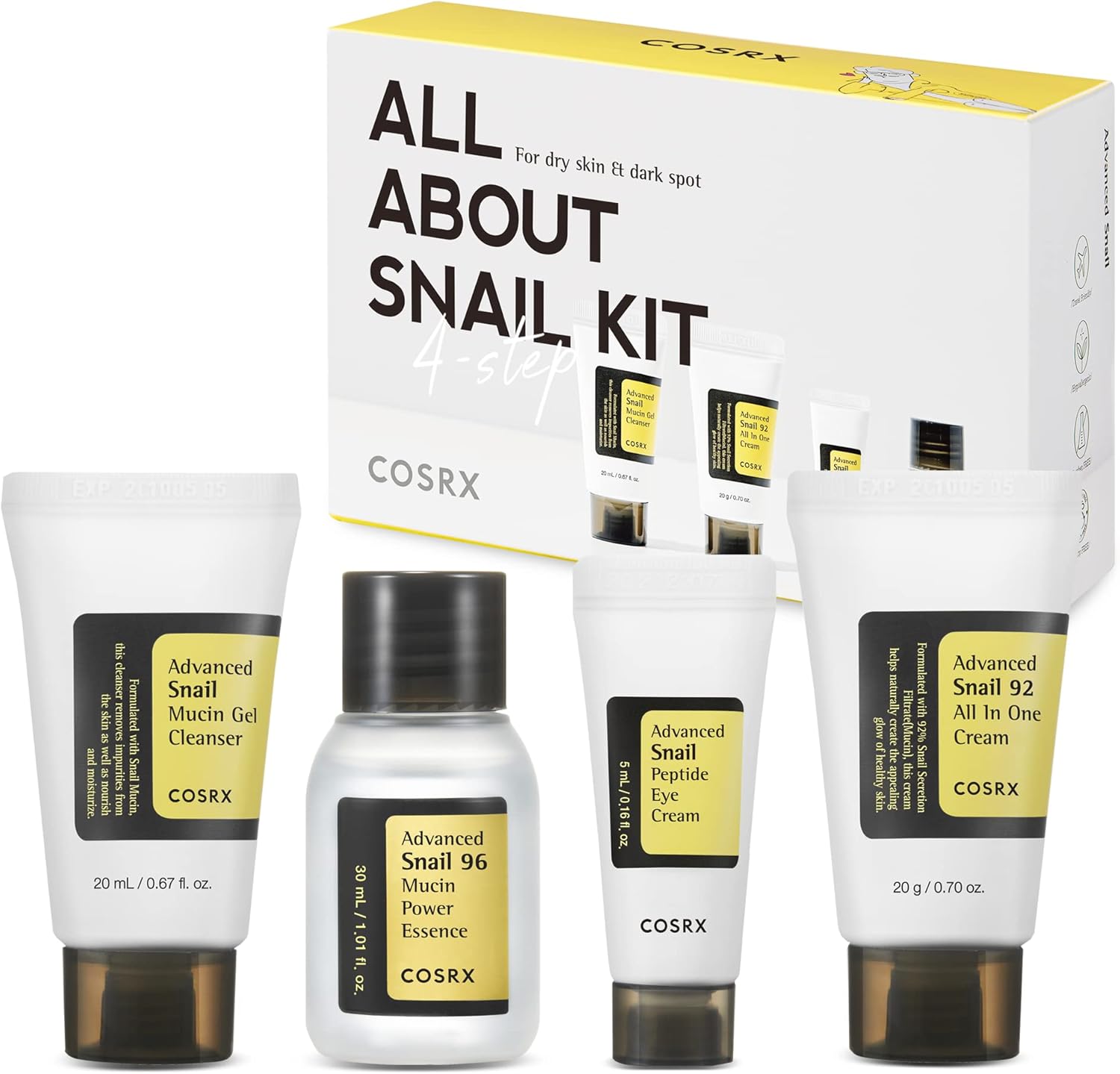 COSRX All About Snail Mucin Korean Skin Care Set, Mini Travel Essentials | Travel Size Gift Set with Snail Mucin Face Wash, Serum, Moisturizer & Eye Cream, Rejuvenating Kit, Self Care Gift Set