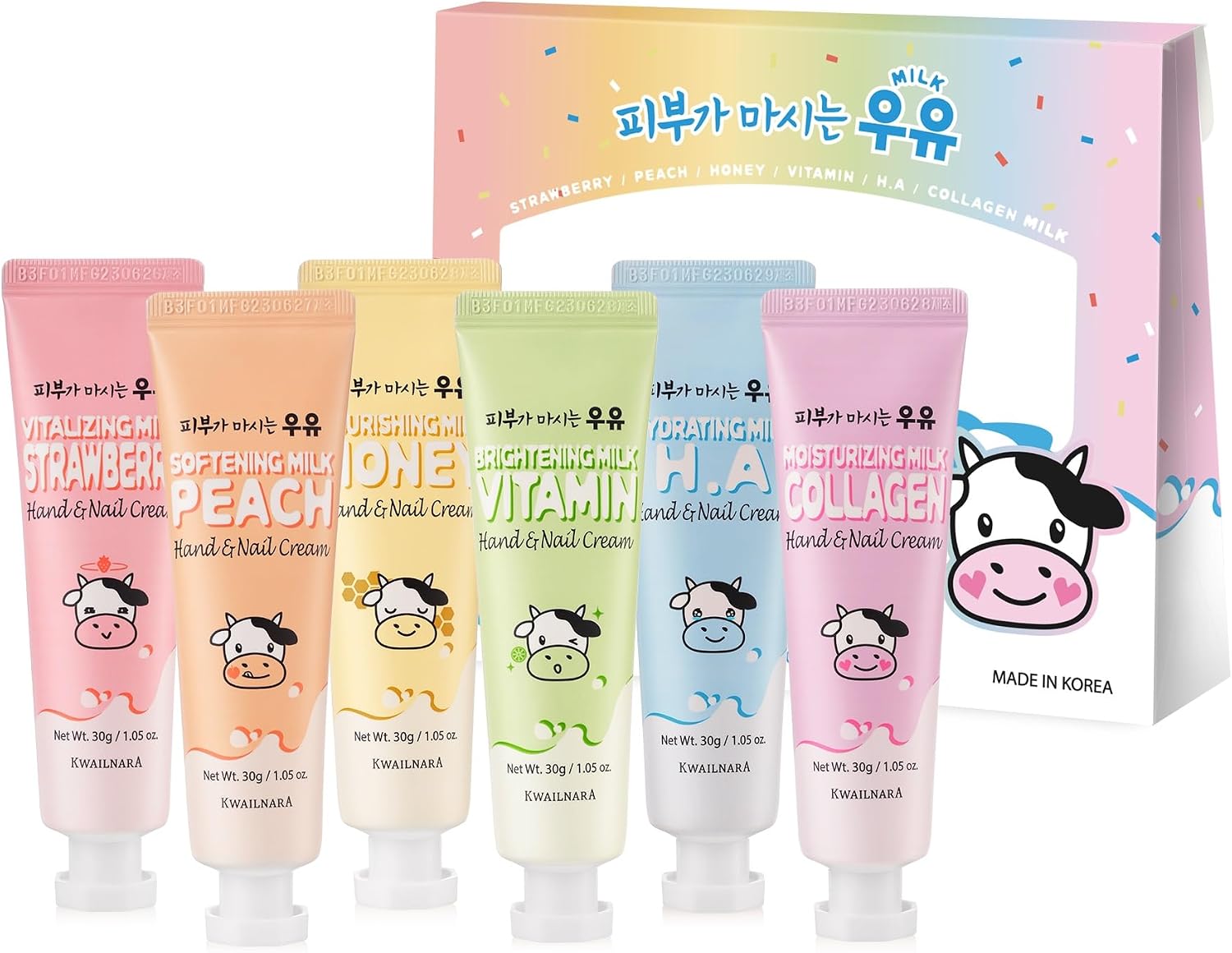 KWAILNARA Milk Hand & Nail Cream Gift Set (Set of 6) – Korean Hand Cream Variety Pack | Strawberry, Peach, Honey, Vitamin, Hyaluronic & Collagen | Deeply Nourishing K-Beauty Gift