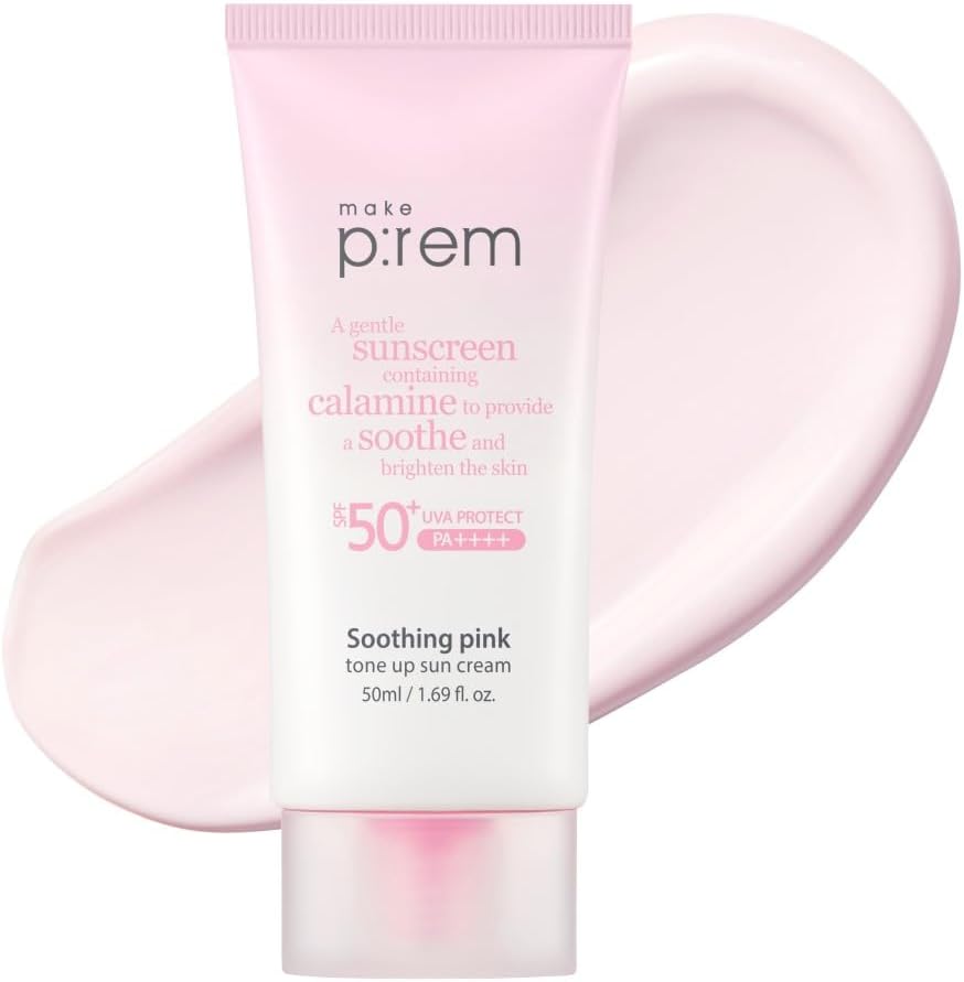MAKE P:REM Soothing Pink Tone Up Sunscreen, Mineral Sun Care for Dehydrated Skin, Lightweight, Non-Greasy Formula, Skin Tone Correction, Korean Sunscreen, SPF 50, 1.69 fl.oz. (50ml)
