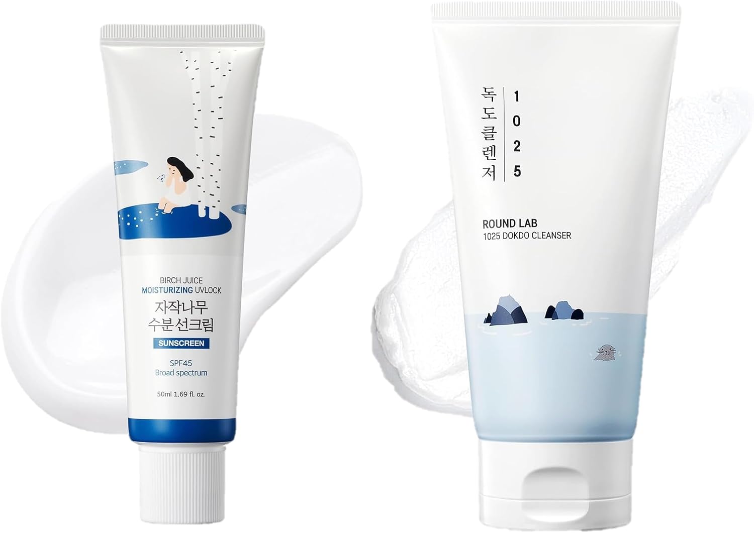 ROUND LAB Daily Skin Care Duo, Birch Juice Moisturizing Sunscreen & 1025 Dokdo Cleanser, Hydrating UV Protection & Low pH Facial Wash for Sensitive Skin, Korean Skin Care Set
