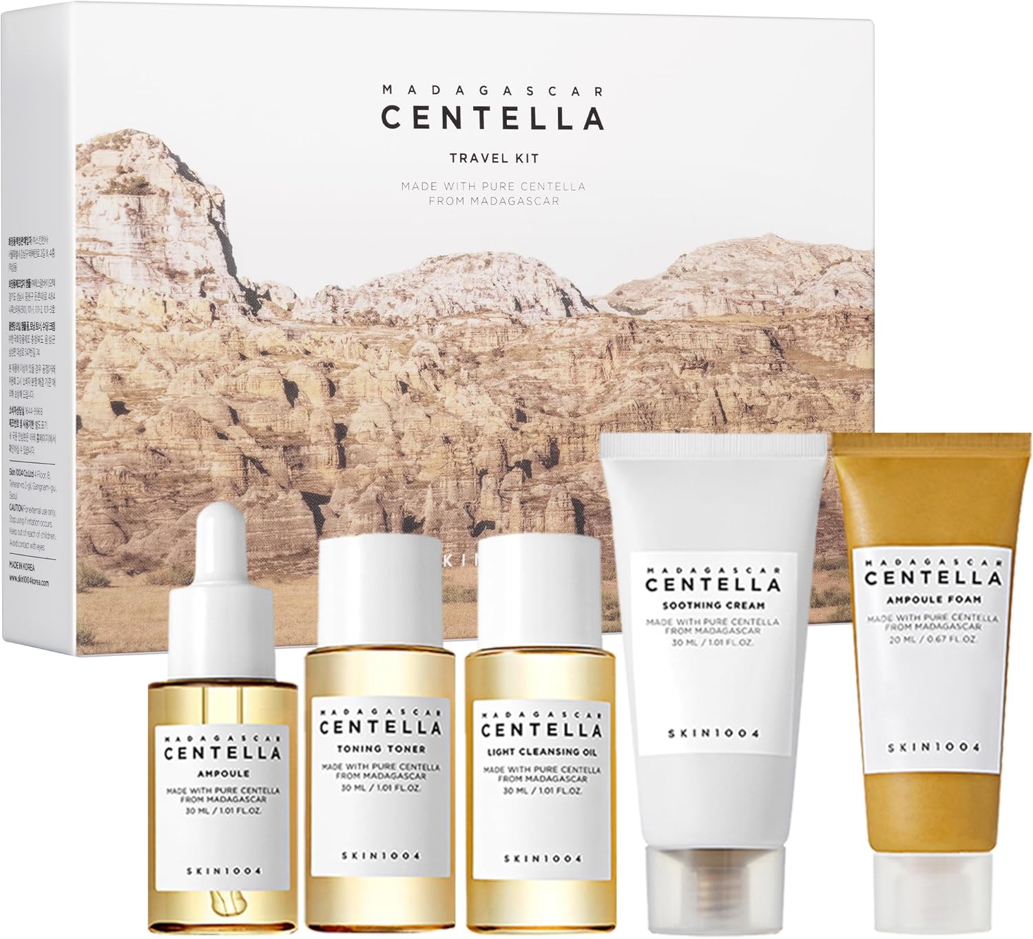 SKIN1004 Centella Travel Kit, Korean Skin Care Set with Toner, Moisturiser, Serum, Cleansing Oil & Cleanser, Travel Size Set with Madagascar Centella, Sensitive Skin, Perfect for Travel Beauty & Gifts